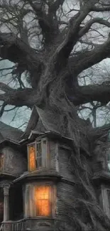 Gothic house with twisted tree under night sky.