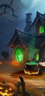 Halloween haunted house with cauldron and pumpkin.