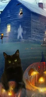 Haunted house with pumpkins and black cat Halloween wallpaper.