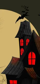 Spooky haunted house with red windows and bats by a full moon.