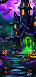 Spooky haunted house with pumpkins and glowing lights.
