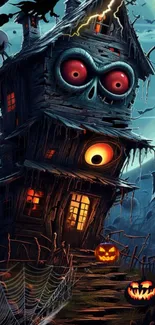Eerie haunted house with pumpkins and eyes under a full moon.