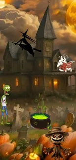 Haunted house with witch and zombie under a full moon.