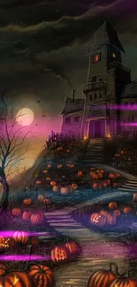 Halloween mobile wallpaper with haunted house and pumpkins.