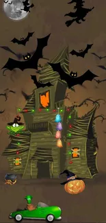 Spooky Halloween wallpaper with haunted house, bats, and pumpkins.