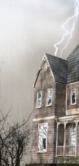 Haunted house with lightning striking in a stormy sky atmosphere.