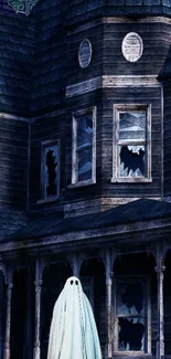 Ghost in front of a haunted house with broken windows, creating a spooky atmosphere.