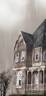 Spooky mobile wallpaper featuring a haunted house under a gloomy sky.