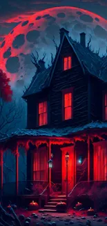 Spooky haunted house with red moon background.