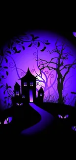 Haunted house with purple glow wallpaper featuring mysterious eyes.