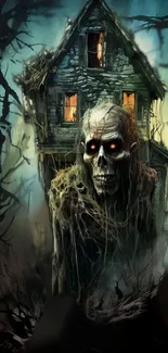 Haunted house with skull and glowing eyes in dark forest.