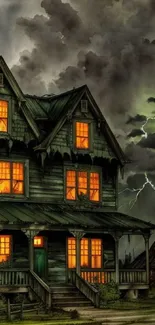 Eerie haunted house and stormy sky with lightning on mobile wallpaper.