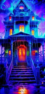 Haunted house with neon colors and gothic elements in a vibrant wallpaper.