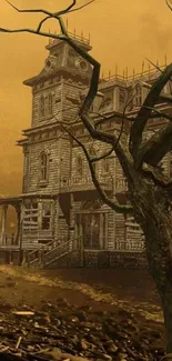 Haunted house wallpaper with a spooky mansion and dark, barren trees.