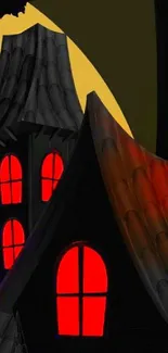 Eerie haunted house wallpaper with red windows and dark roofs.