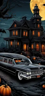 Spooky wallpaper with haunted mansion and Halloween scene.