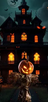 Eerie haunted mansion with a jack-o'-lantern in front under a moonlit sky.