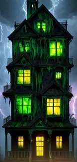 Eerie haunted mansion with lightning under a dark, stormy night sky.