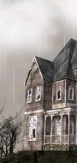 A spooky, old mansion under a gloomy sky.