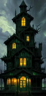 Gothic haunted mansion with glowing windows under a stormy sky.