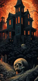 Illustration of a haunted mansion with skulls and orange sky.