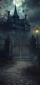 Haunted mansion under moonlight with eerie atmosphere.