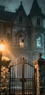 Haunted mansion with ghostly figure and gothic architecture at night.