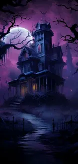 Haunted mansion under a spooky purple sky with eerie trees and moonlight.