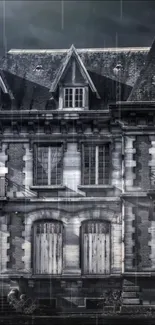 Eerie Gothic mansion under gloomy sky.