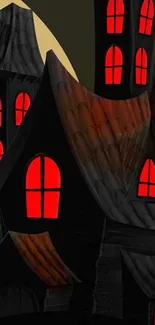 Dark mansion with glowing red windows in spooky style.