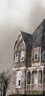 Spooky wallpaper featuring a haunted mansion in rain.