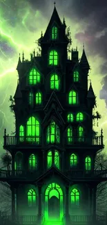 Spooky haunted mansion with green glow and lightning in the night sky.