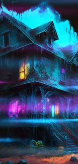 A neon-lit haunted house with vibrant colors and an eerie atmosphere.