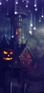 Haunted village with pumpkins under starry Halloween night.