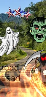 A haunted road with spooky ghost and zombie graphics in a green forest setting.