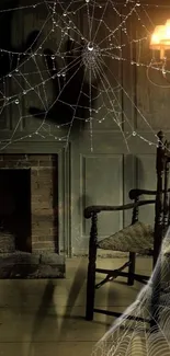 Dark, vintage wallpaper with cobwebs in a haunted room setting.