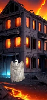 Eerie ghost in front of fiery ruins, creating a spooky atmosphere.