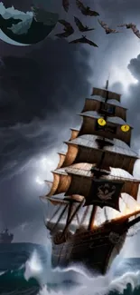 Eerie pirate ship sailing through stormy seas in the dark.