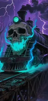 Eerie train with glowing skull in a spooky night scene.