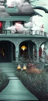 Eerie wallpaper of a Victorian house with gothic architecture and a haunting vibe.