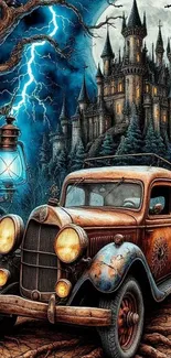 Vintage car and castle under stormy sky with lightning and lantern.