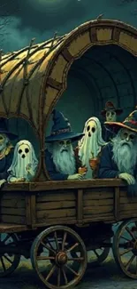 Wizards and ghosts on a spooky wagon ride.