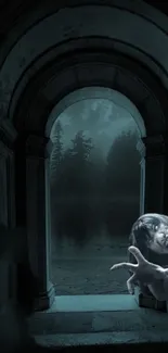 Ghostly figure in dark archway scene with eerie background.