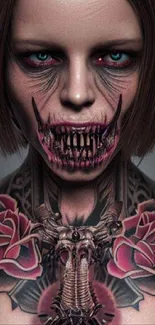 Eerie figure with tattoos and haunting makeup mobile wallpaper.