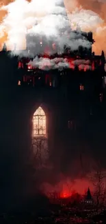 A gothic castle illuminated by red lights against a dramatic evening sky.