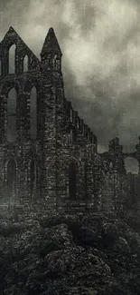 Haunting castle amidst dark fog in gothic style.