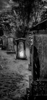 Eerie black and white cemetery scene at night.