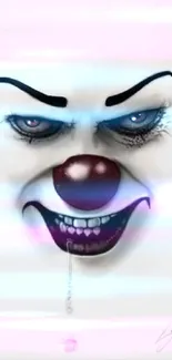 Haunting clown face with intense eyes on a white background.