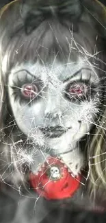 Chilling doll with shattered glass mobile wallpaper, eerie and haunting theme.