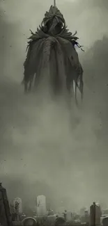 Dark figure in misty graveyard with eerie atmosphere.